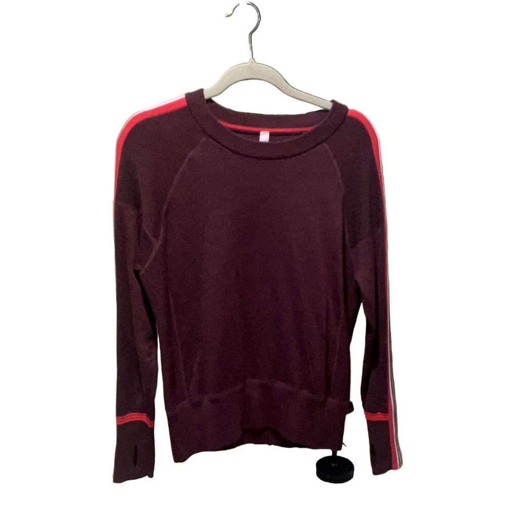 Athleta Striped Long Sleeve Top Sweater Women's M Burgundy Thumbholes Wool Blend